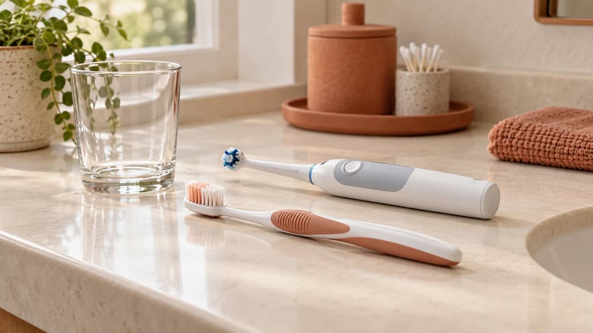 Cepillo manual y cepillo eléctrico sobre una superficie de tonos crema, junto a un vaso vacío.