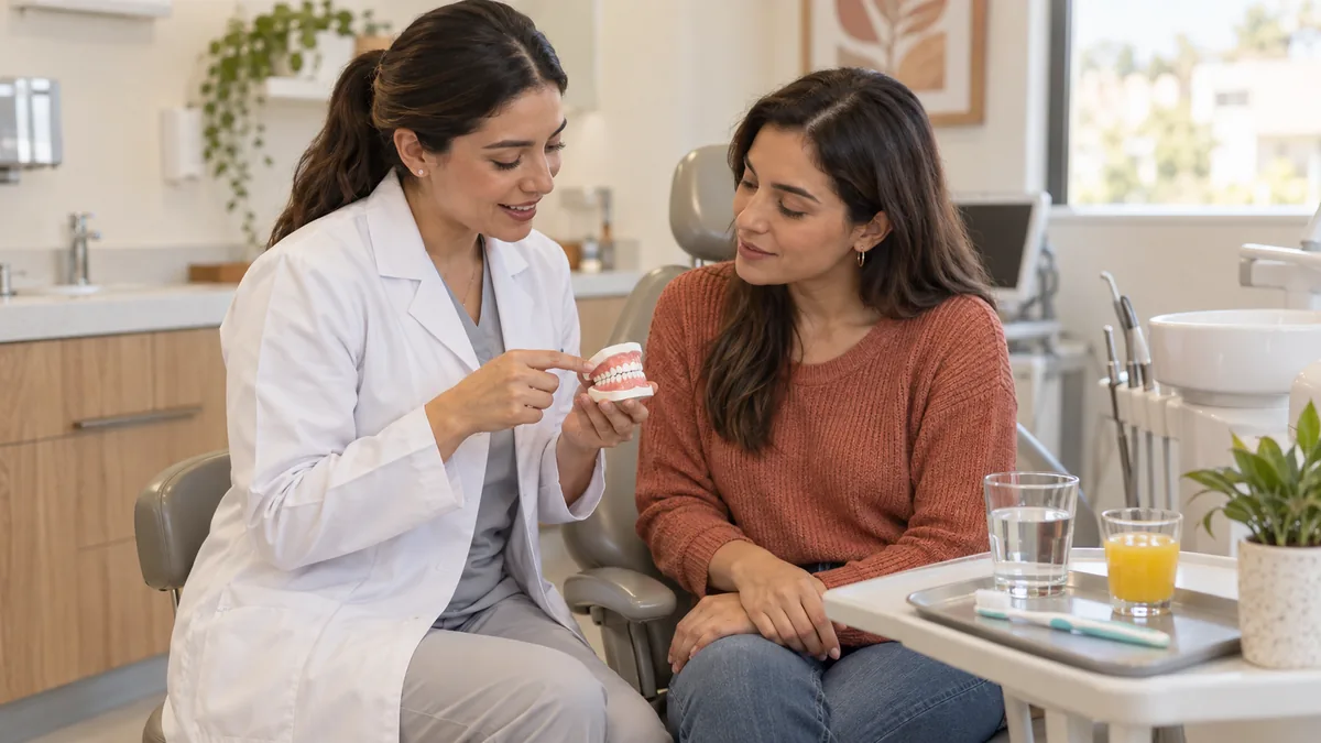 Odontóloga muestra un modelo dental a una paciente junto a un vaso de agua y una bebida cítrica