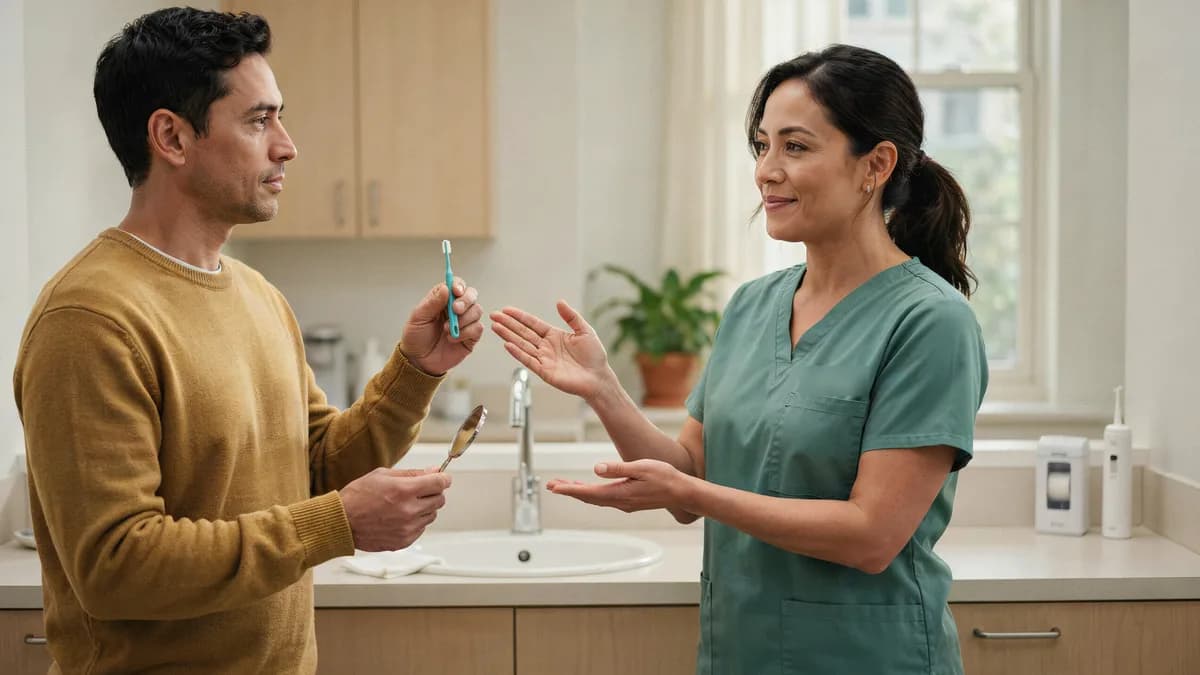 Dentista explica a un paciente cómo usar un cepillo interdental junto al lavabo del consultorio