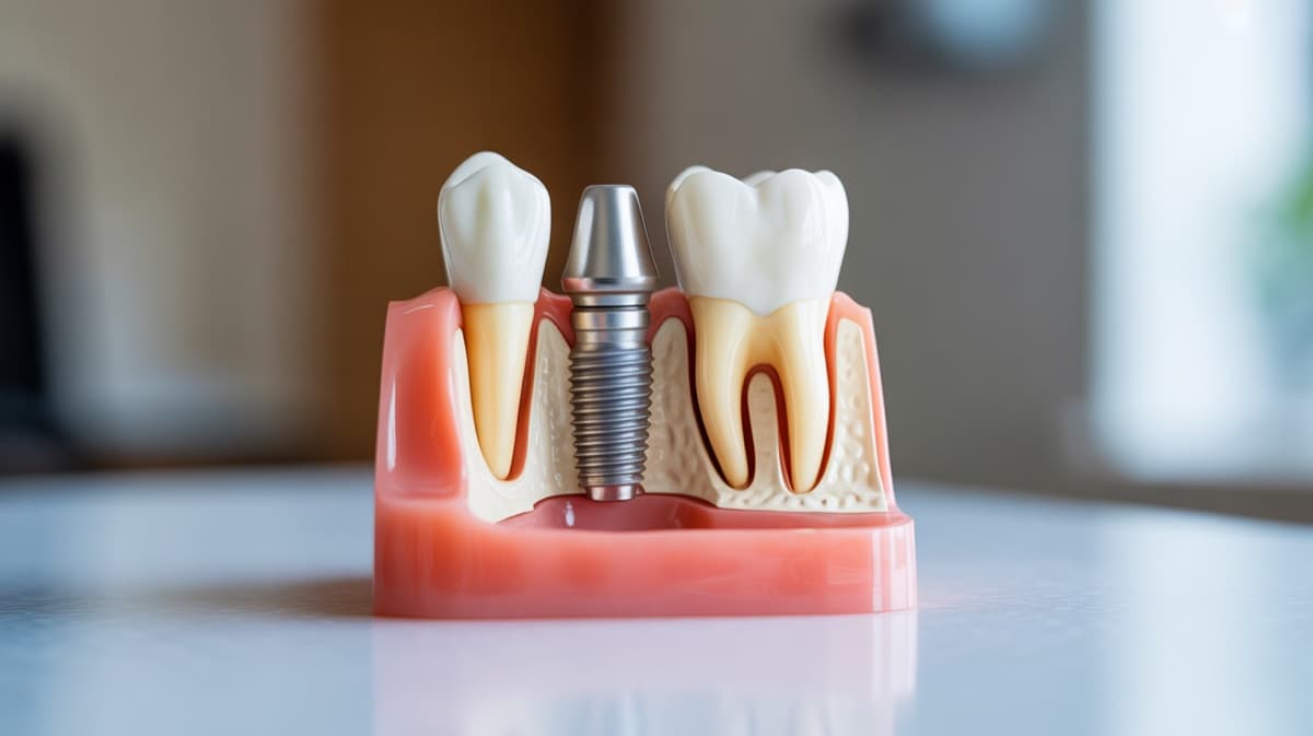 Implante dental profesional — modelo de titanio con corona cerámica