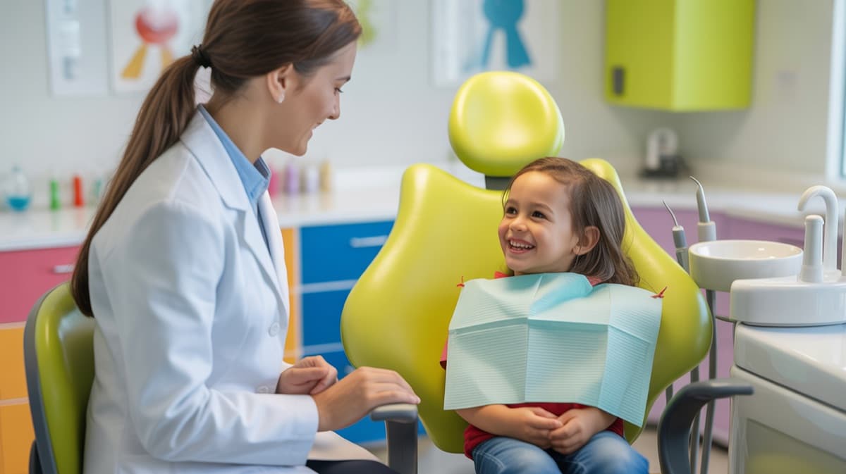 Niño sonriendo en consultorio dental durante su primera visita