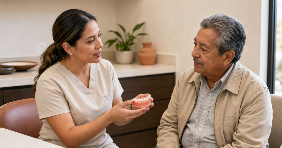 Dentista explica una prótesis dental removible a una paciente