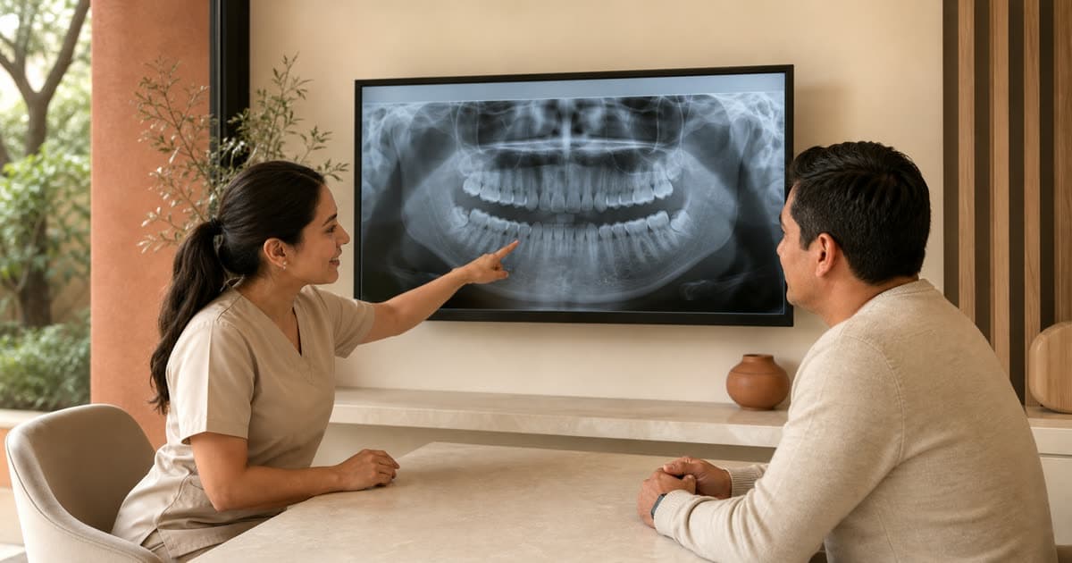 Dentista explica una radiografía panorámica digital a un paciente