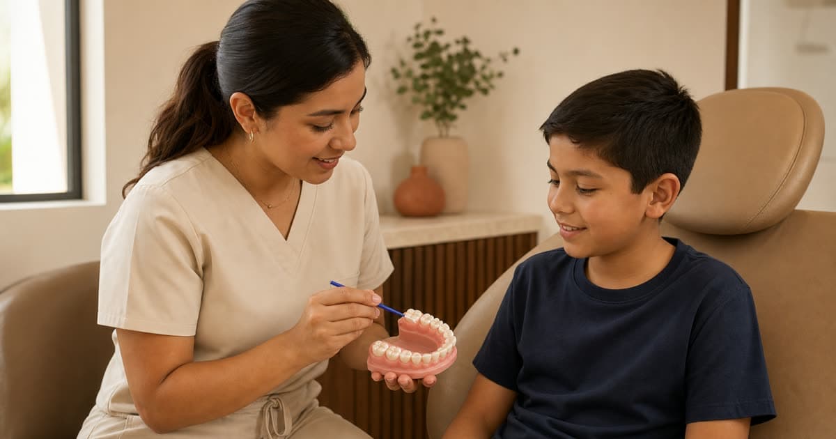 Odontóloga explica un sellador dental preventivo durante una consulta